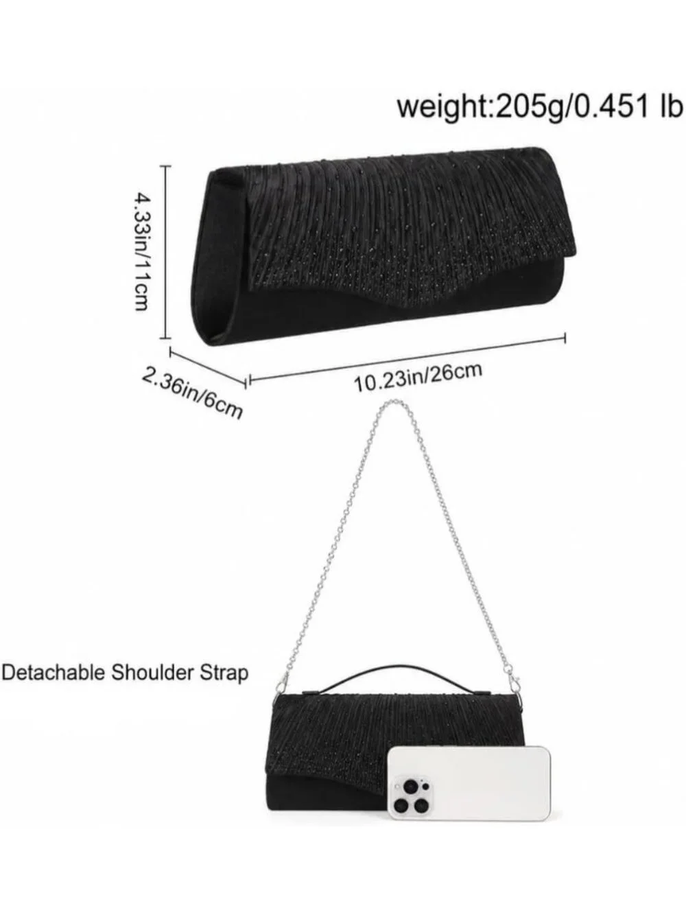 👜 Women's Black Dent-Proof Pleated Rhinestone Formal Evening Bag with Chain